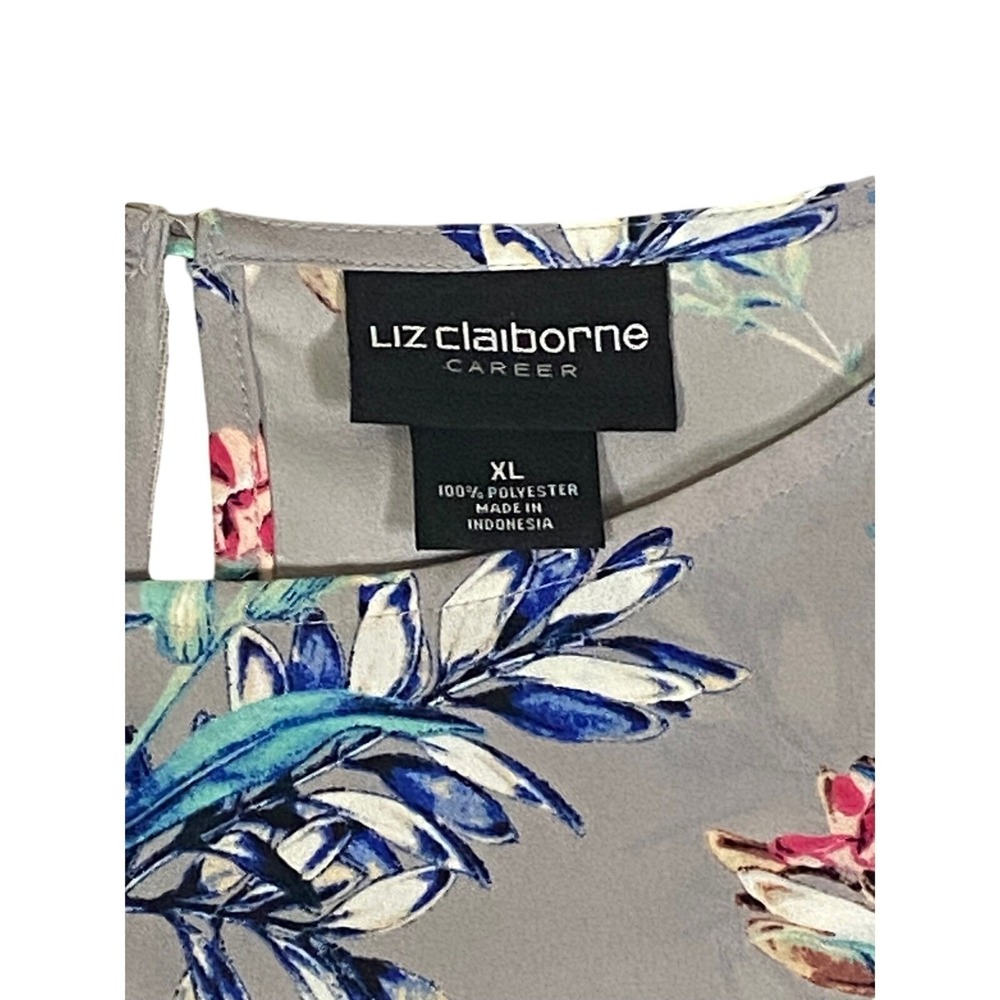 Liz Claiborne Career Womens XL Gray Floral Bell Sleeve Ruffle Blouse Top - Picture 3 of 8